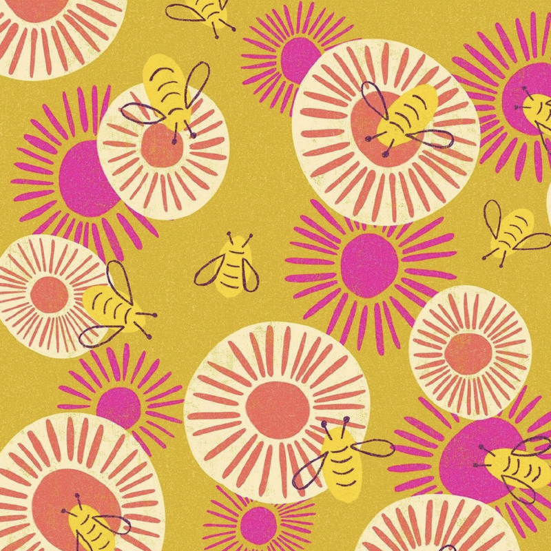 Bees Buzzing on Pink and Yellow Flowers Pattern by Annie Riker