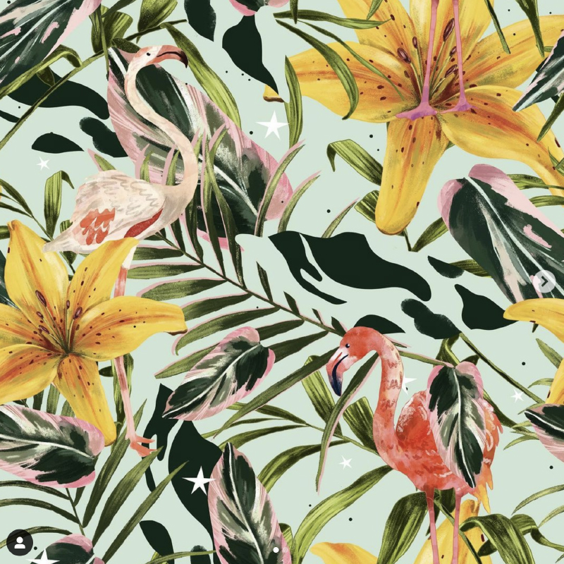 Yellow Flowers & Flamingo Pattern Design by Juan Cantero