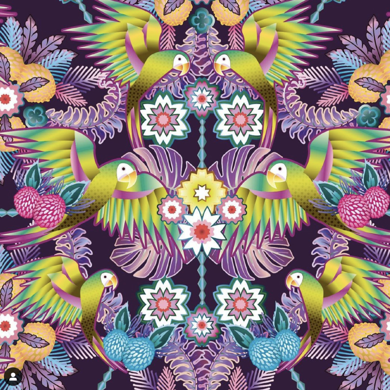 Green Parrots on Purple Pattern Design by Catalina Estrada