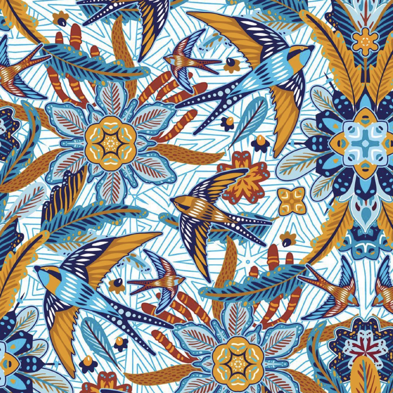 Blue and Gold Bird and Floral Pattern by Catalina Estrada