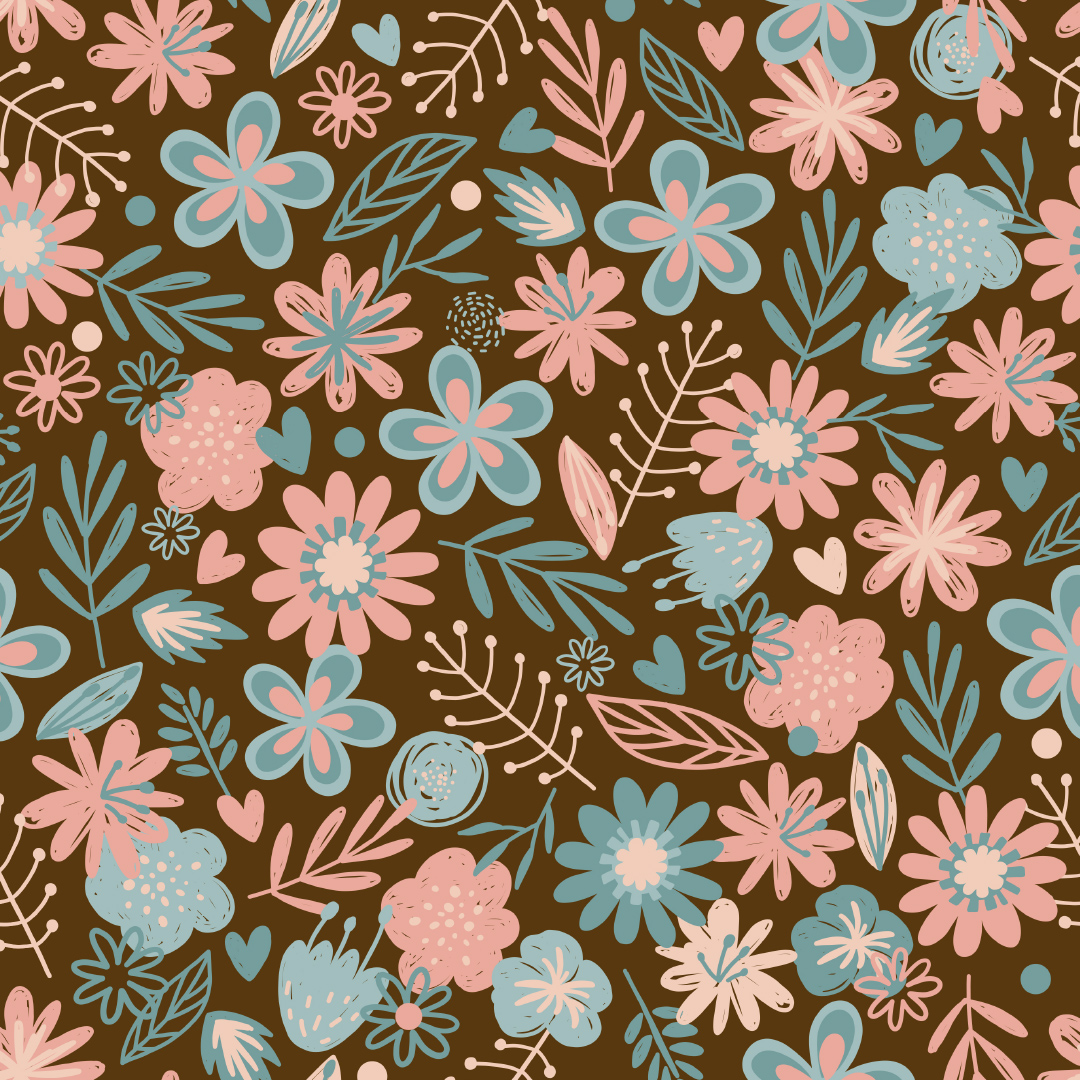 Pink and blue floral pattern on a brown background.