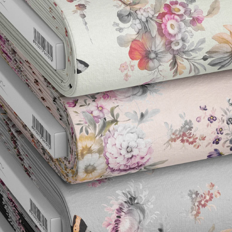 Close Up of Fabric Bolts with Patterns Designed by Tashi Tsering