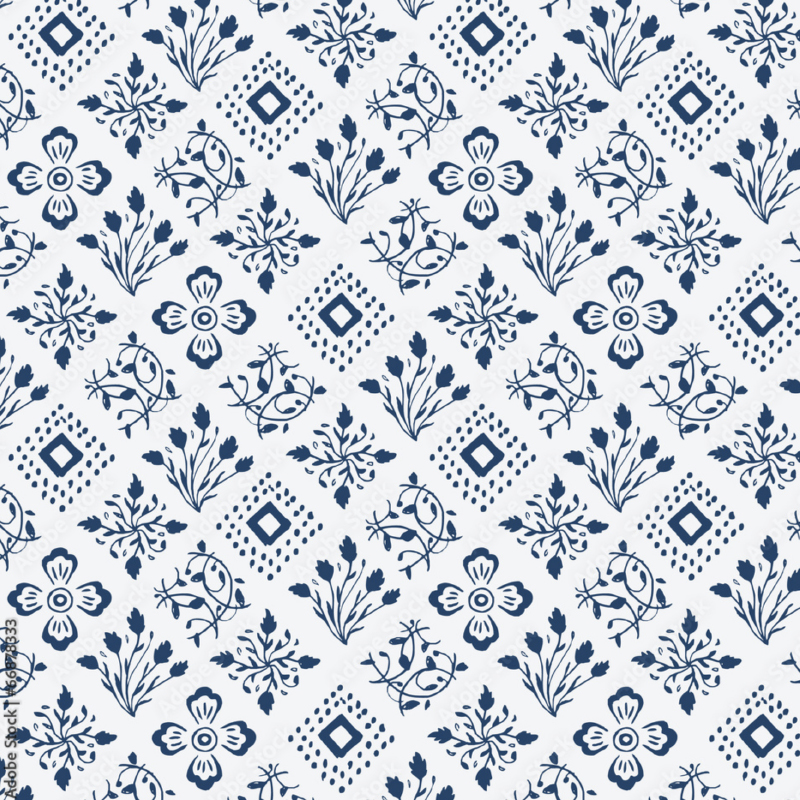 Dark blue diamond shaped florals on a white background make up this diamond repeat pattern.