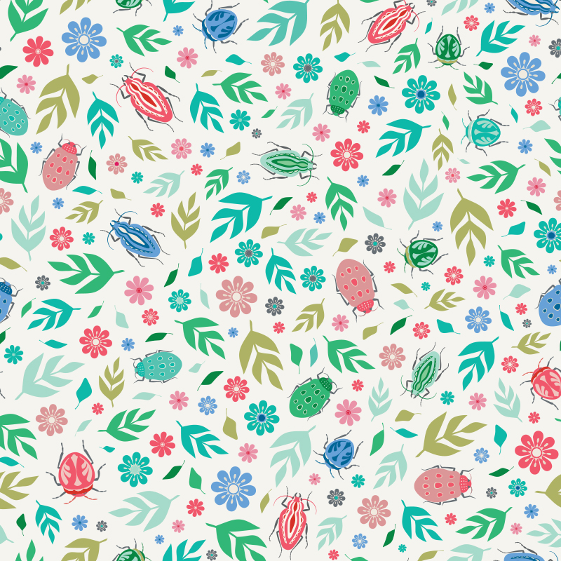 A variety of bugs and leaves make up this tossed repeat pattern.