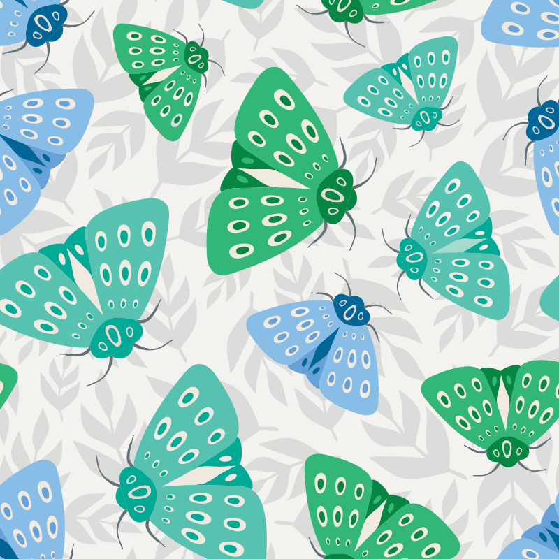 Large blue and green moths are the motifs used for this tossed repeat pattern.