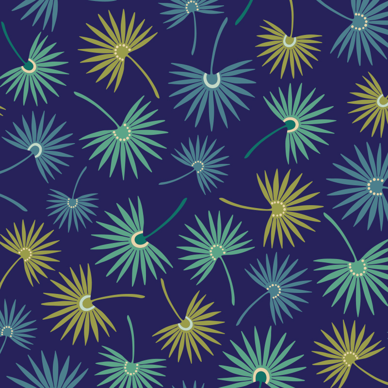 Navy blue background with blue and green flowers make up this tossed repeat pattern.