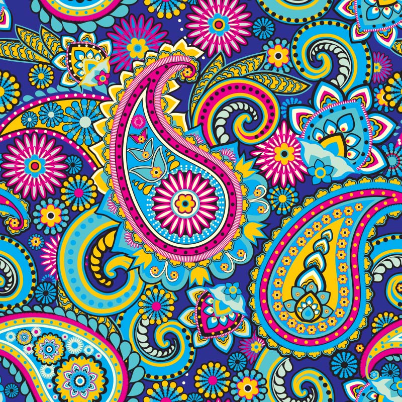 Repeat pattern with stylized paisley motifs in bright colors.