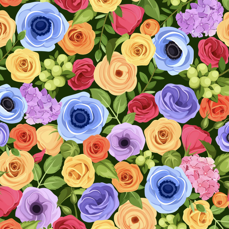 Floral Pattern. Red, orange, yellow, blue and purple roses with greenery.