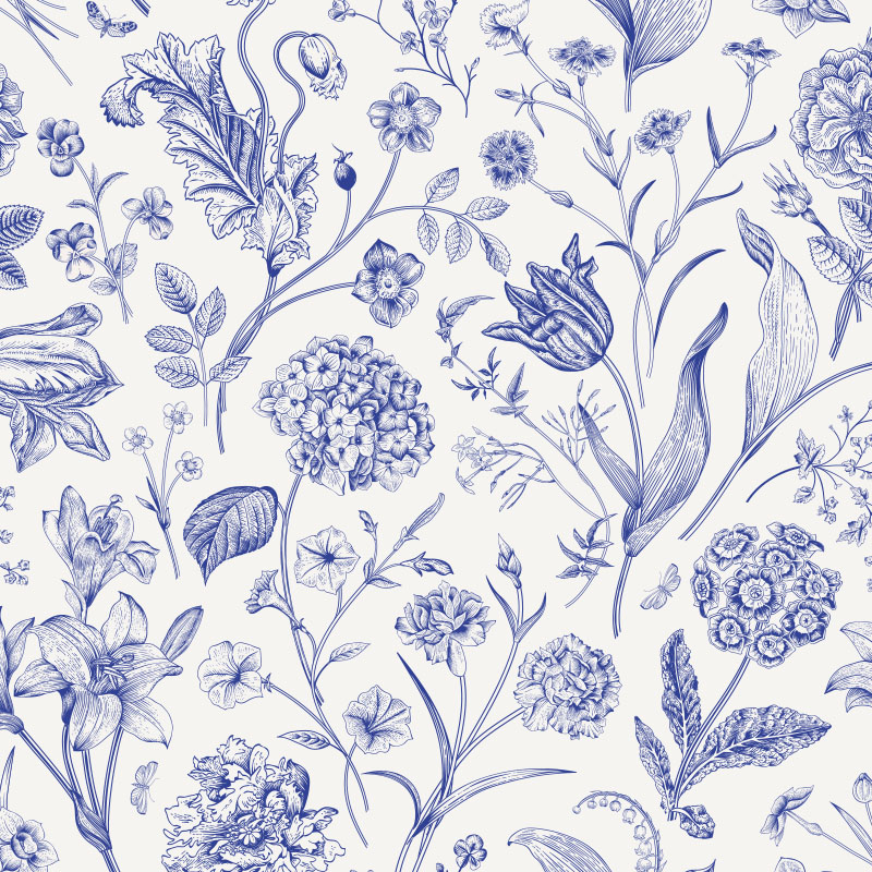 Toile de Jouy Pattern. Blue floral on white.