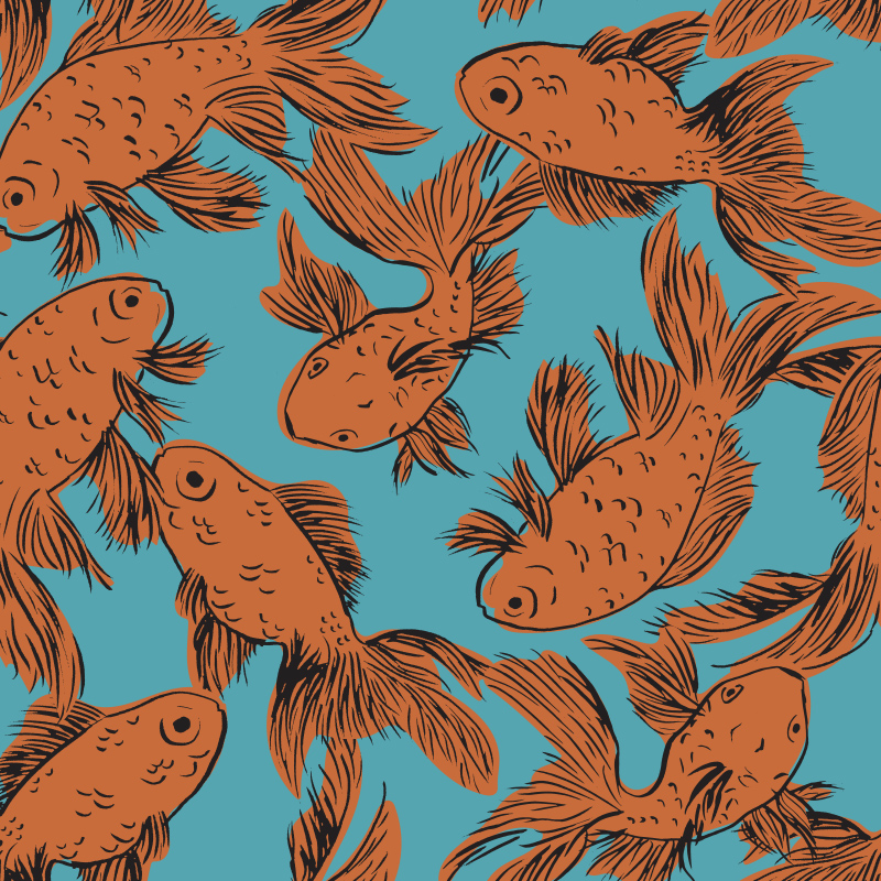 Goldfish multi-directional pattern on blue.