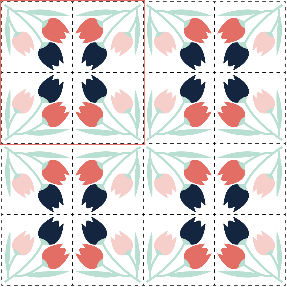 Diagram of a 4-way mirror repeat system using dashed lines to indicate tile positioning. A floral motif was used as the design element.