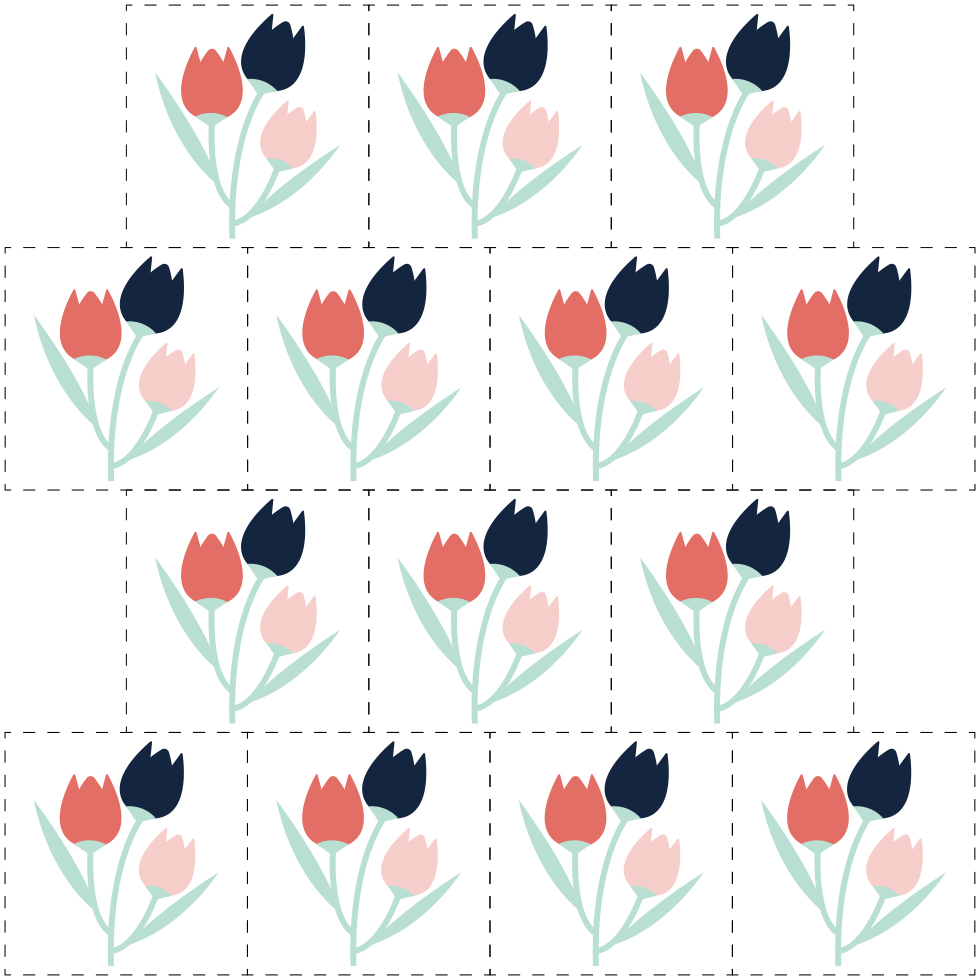 Diagram of a brick repeat system using dashed lines to indicate tile positioning. A floral motif was used as the design element.