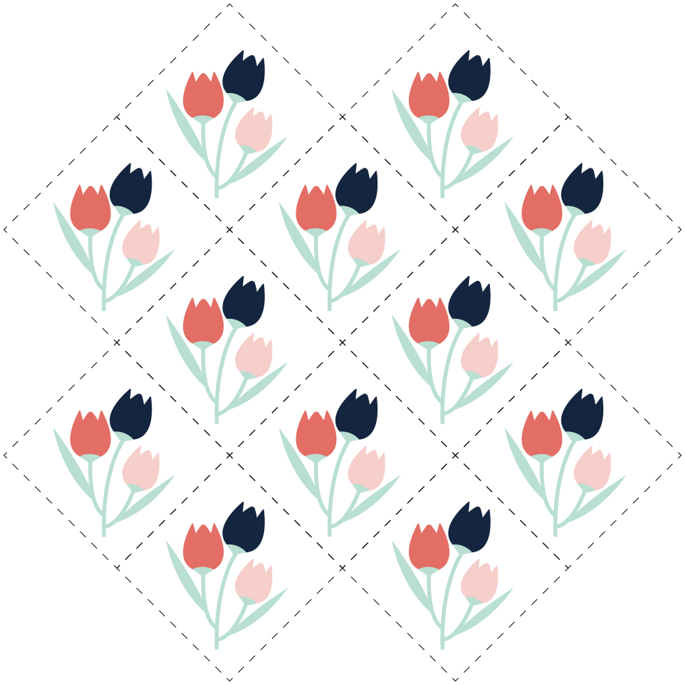 Diagram of a diamond repeat system using dashed lines to indicate tile positioning. A floral motif was used as the design element.