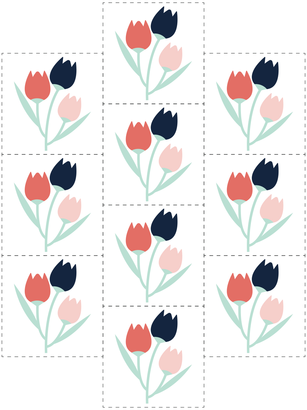 Diagram of a half drop repeat system using dashed lines to indicate tile positioning. A floral motif was used as the design element.