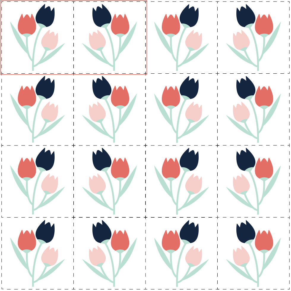 Diagram of a full drop mirror repeat system using dashed lines to indicate tile positioning. A floral motif was used as the design element.
