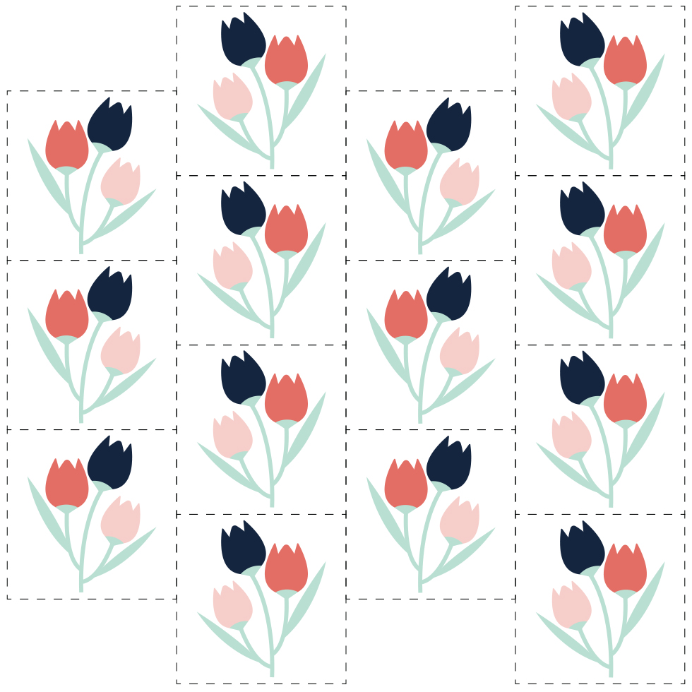 Diagram of a half drop repeat system using dashed lines to indicate tile positioning. A floral motif was used as the design element.