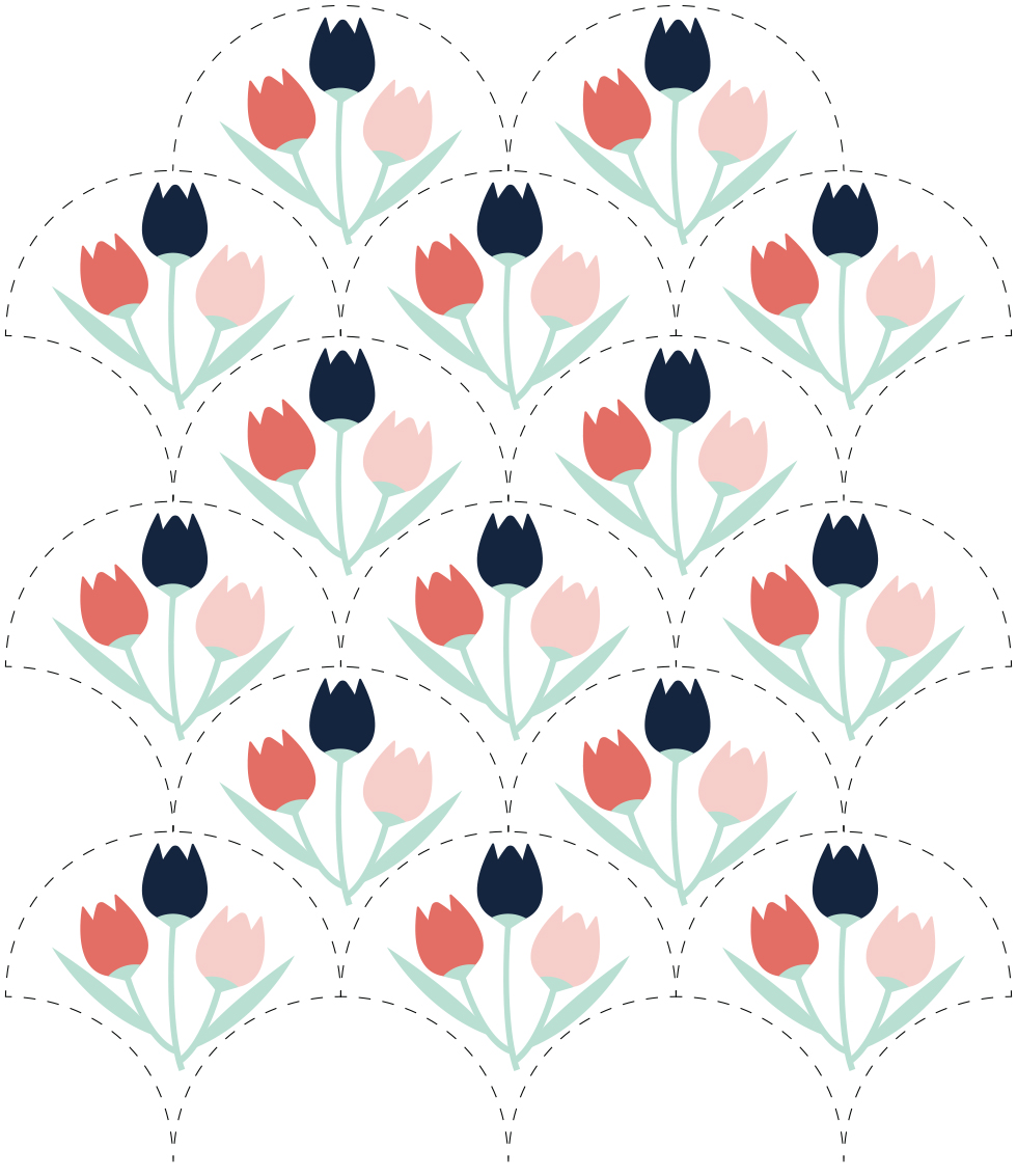 Diagram of a scale repeat system using dashed lines to indicate tile shape and positioning. A floral motif was used as the design element.