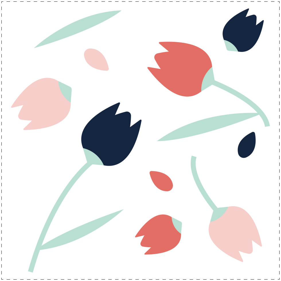 Diagram of a tossed repeat system using dashed lines to indicate tile area. Scattered flowers and leaves were used as the design elements.